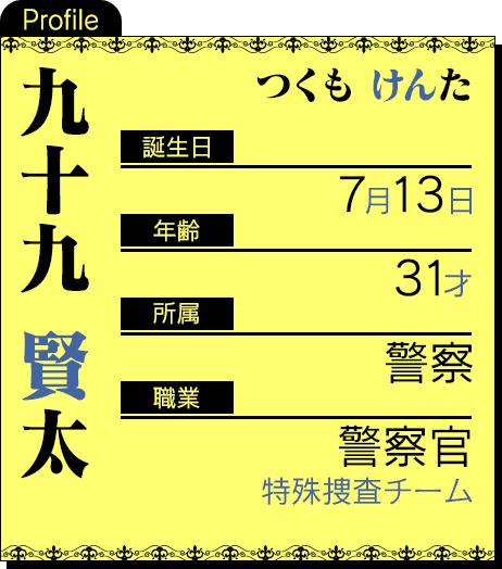 誕生日：7月13日 年齢：31才 所属：警察 職業：運警察官 特殊捜査チーム